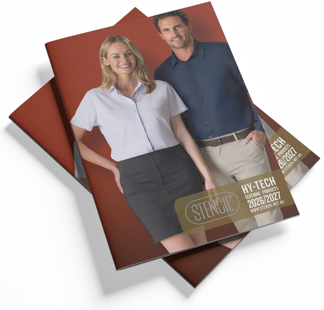 Stencil catalogue featuring corporate polos shirts and performance apparel for custom embroidery by Finer Embroidery